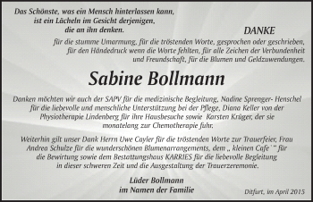 Traueranzeige von Sabine Bollmann von Mitteldeutsche Zeitung Quedlinburg