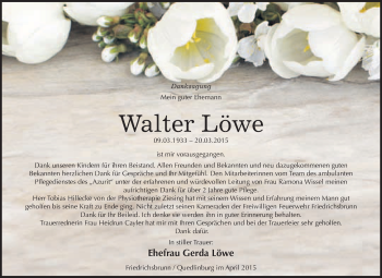 Traueranzeige von Walter Löwe von WVG - Wochenspiegel Quedlinburg