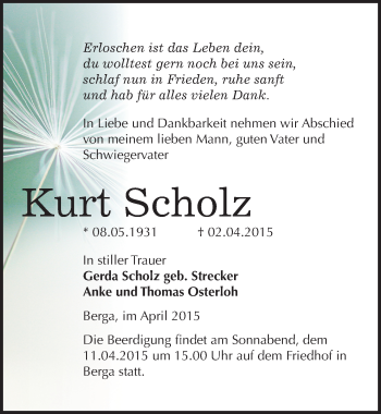 Traueranzeige von Kurt Scholz von Mitteldeutsche Zeitung Sangerhausen