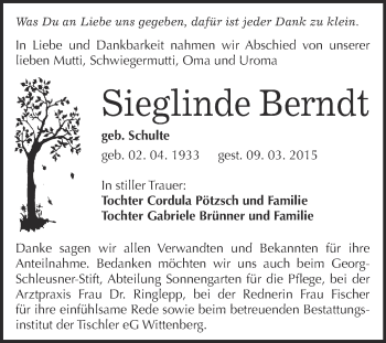 Traueranzeige von Sieglinde Berndt von WVG - Wochenspiegel Wittenberg