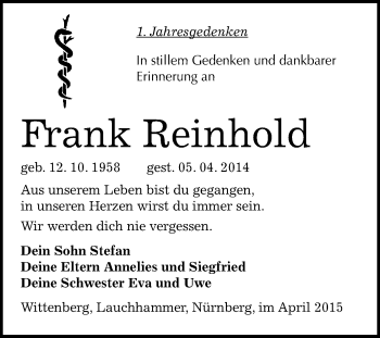 Traueranzeige von Frank Reinhold von WVG - Wochenspiegel Wittenberg