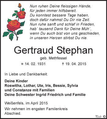 Traueranzeige von Gertraud Stephan von WVG - Wochenspiegel NMB / WSF / ZTZ
