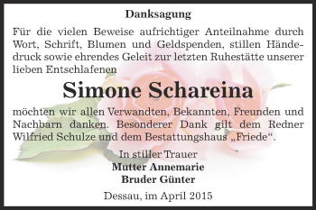 Traueranzeige von Simone Schareina von WVG - Wochenspiegel Dessau / Köthen