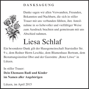 Traueranzeige von Liesa Schlaf von Super Sonntag Merseburg