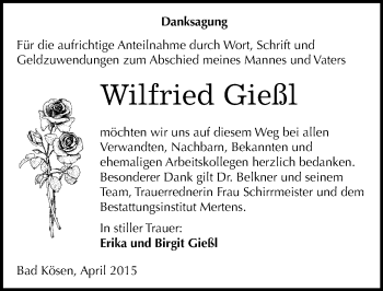 Traueranzeige von Wilfried Gießl von Mitteldeutsche Zeitung Naumburg/Nebra