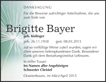 Traueranzeige von Brigitte Bayer von WVG - Wochenspiegel Wittenberg