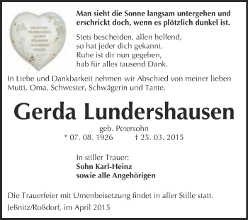 Traueranzeige von Gerda Lundershausen von WVG - Wochenspiegel Bitterfeld