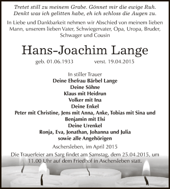 Traueranzeige von Hans-Joachim Lange von Super Sonntag Aschersleben