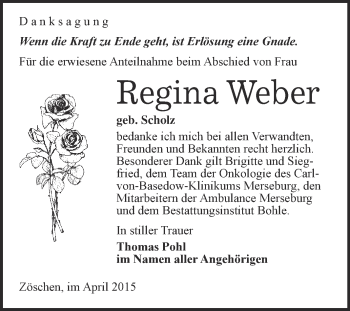 Traueranzeige von Regina Weber von Super Sonntag Merseburg