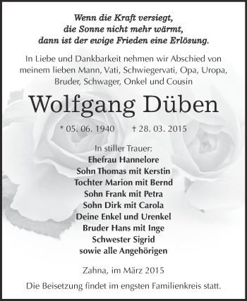 Traueranzeige von Wolfgang Düben von Super Sonntag Wittenberg