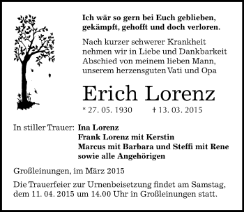 Traueranzeige von Erich Lorenz von Mitteldeutsche Zeitung Sangerhausen