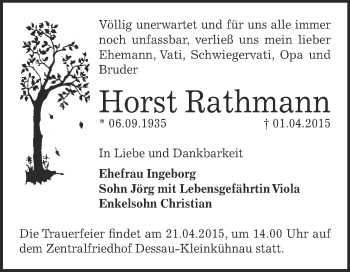 Traueranzeige von Horst Rathmann von WVG - Wochenspiegel Dessau / Köthen