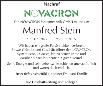 Traueranzeige von Manfred Stein von WVG - Wochenspiegel Bernburg