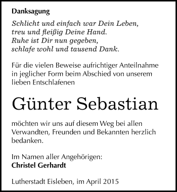 Traueranzeige von Günter Sebastian von Mitteldeutsche Zeitung Mansfelder Land
