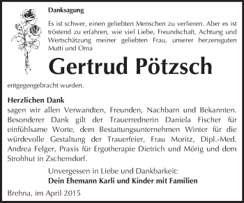 Traueranzeige von Gertrud Pötzsch von WVG - Wochenspiegel Bitterfeld