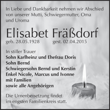 Traueranzeige von Elisabet Fräßdorf von Super Sonntag Bernburg