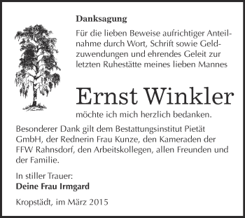 Traueranzeige von Ernst Winkler von Super Sonntag Wittenberg