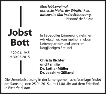 Traueranzeige von Jobst Bott von WVG - Wochenspiegel Bitterfeld