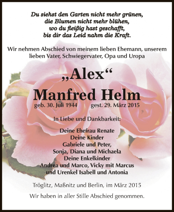 Traueranzeige von Manfred Helm von Super Sonntag Zeitz