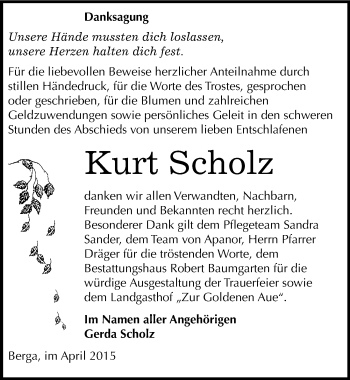 Traueranzeige von Kurt Scholz von Mitteldeutsche Zeitung Sangerhausen