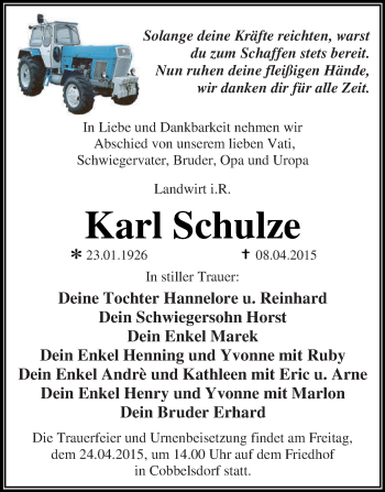 Traueranzeige von Karl Schulze von WVG - Wochenspiegel Dessau / Köthen