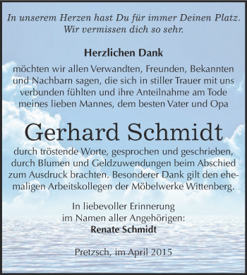 Traueranzeige von Gerhard Schmidt von WVG - Wochenspiegel Wittenberg