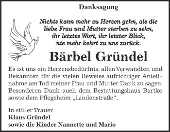 Traueranzeige von Bärbel Gründel von WVG - Wochenspiegel Dessau / Köthen