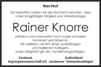 Traueranzeige von Rainer Knorre von Super Sonntag Bernburg