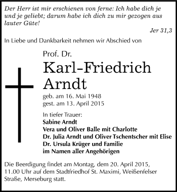 Traueranzeige von Karl-Friedrich Arndt von Mitteldeutsche Zeitung Merseburg/Querfurt