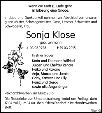 Traueranzeige von Sonja Klose von WVG - Wochenspiegel NMB / WSF / ZTZ