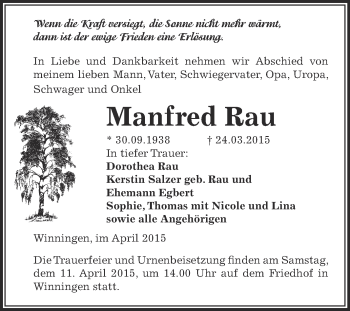 Traueranzeige von Manfred Rau von Super Sonntag Aschersleben