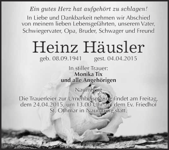 Traueranzeige von Heinz Häusler von WVG - Wochenspiegel NMB / WSF / ZTZ