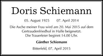 Traueranzeige von Doris Schiemann von Mitteldeutsche Zeitung