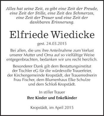 Traueranzeige von Elfriede Wiedicke von WVG - Wochenspiegel Wittenberg