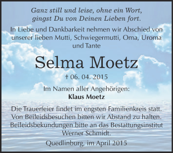 Traueranzeige von Selma Moetz von WVG - Wochenspiegel Quedlinburg