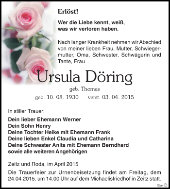 Traueranzeige von Ursula Döring von Super Sonntag Zeitz