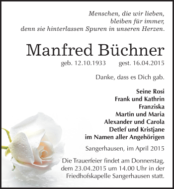 Traueranzeige von Manfred Büchner von Mitteldeutsche Zeitung Sangerhausen