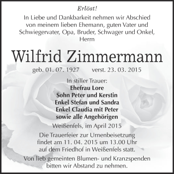 Traueranzeige von Wilfrid Zimmermann von WVG - Wochenspiegel NMB / WSF / ZTZ