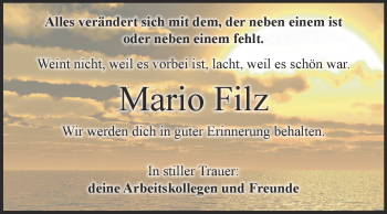 Traueranzeige von Mario Filz von Super Sonntag Bernburg