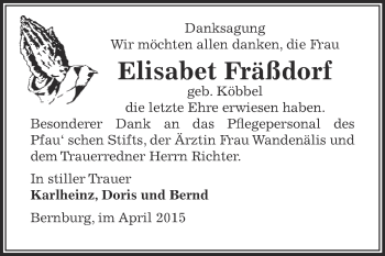 Traueranzeige von Elisabet Fräßdorf von Super Sonntag Bernburg