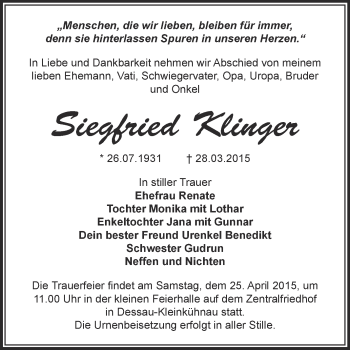 Traueranzeige von Siegfried Klinger von WVG - Wochenspiegel Dessau / Köthen