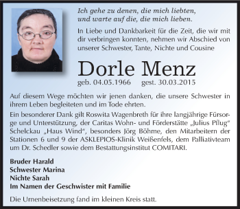Traueranzeige von Dorle Menz von Mitteldeutsche Zeitung