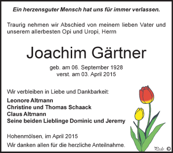 Traueranzeige von Joachim Gärtner von WVG - Wochenspiegel NMB / WSF / ZTZ