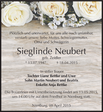 Traueranzeige von Sieglinde Neubert von Mitteldeutsche Zeitung Bernburg