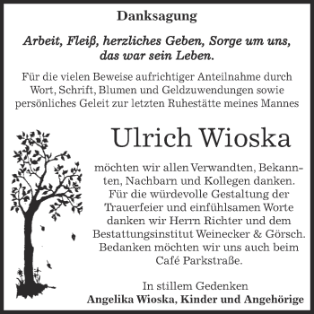 Traueranzeige von Ulrich Wioska von Super Sonntag Bernburg