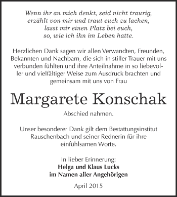 Traueranzeige von Margarete Konschak von WVG - Wochenspiegel NMB / WSF / ZTZ