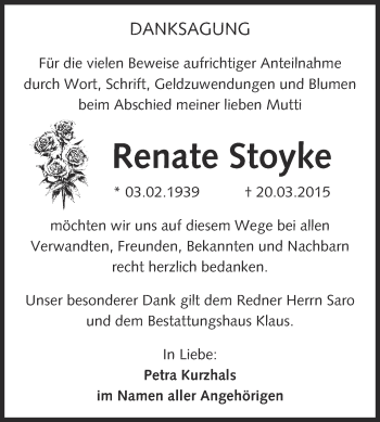 Traueranzeige von Renate Stoyke von WVG - Wochenspiegel NMB / WSF / ZTZ