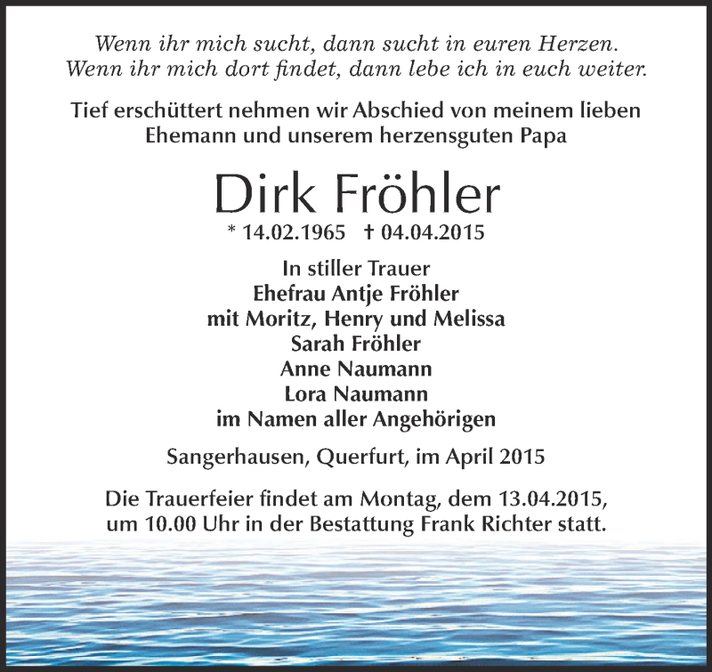  Traueranzeige für Dirk Fröhler vom 12.04.2015 aus Super Sonntag SGH Mansf. Land