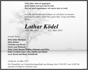 Traueranzeige von Lothar Ködel von WVG - Wochenspiegel NMB / WSF / ZTZ