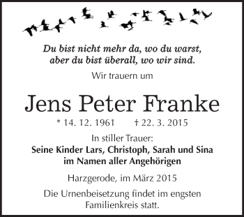 Traueranzeige von Jens Peter Franke von WVG - Wochenspiegel Quedlinburg